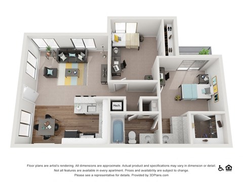 Floor plan for 2 beds, 1.3 baths, 830 sqft